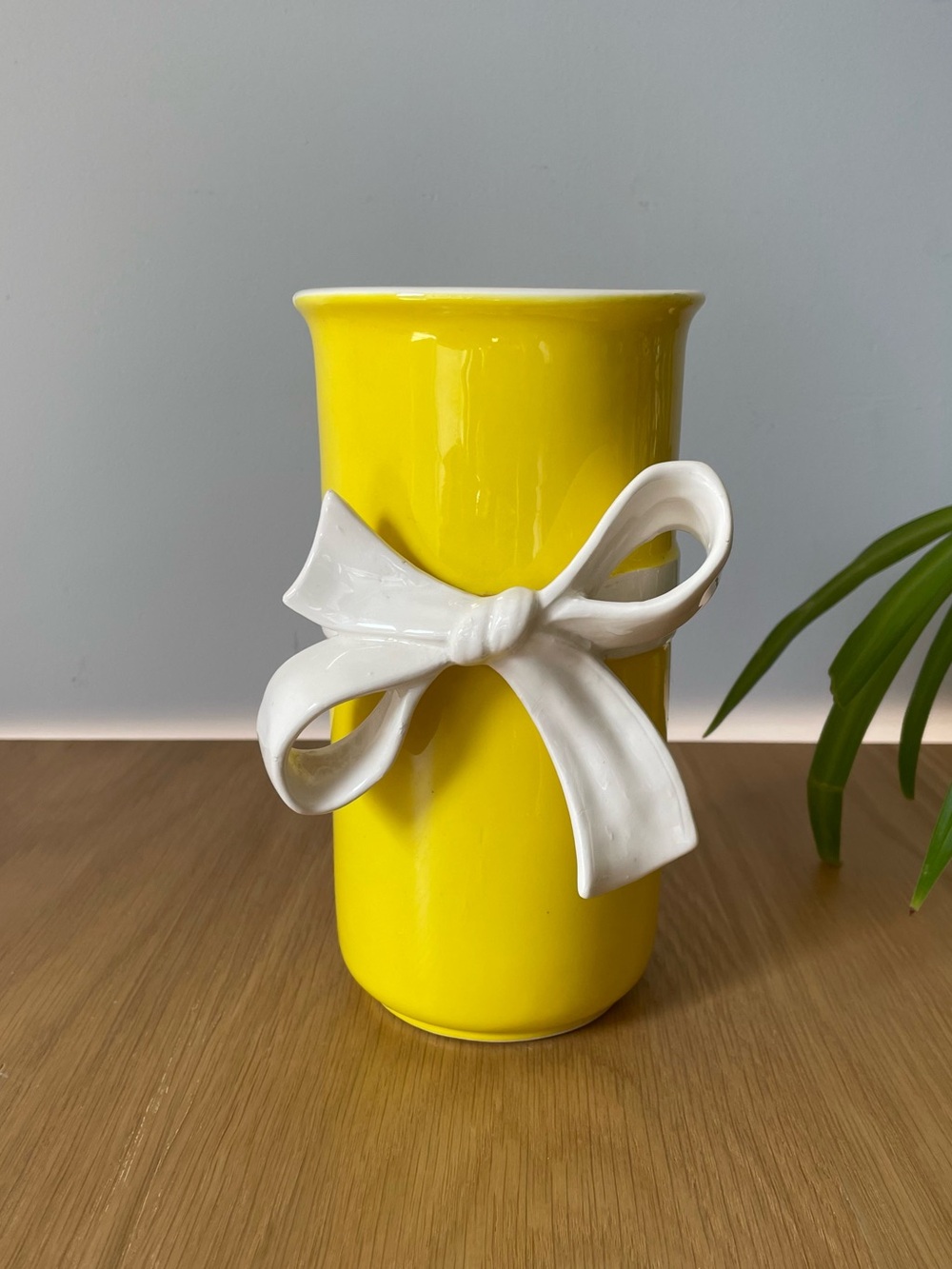 Vintage Fitz and Floyd Yellow Ceramic Vase with White Bow Accent